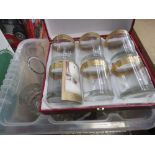 2 boxes containing gold rimmed Italian tumblers plus glass vases and bowls