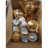 Box containing gold lustre ware tea service plus other china