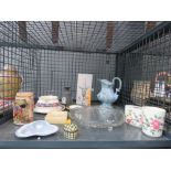 5580 Cage containing Jasper ware, Old Foley crockery, glass cake stand, German beer mug, onyx ash