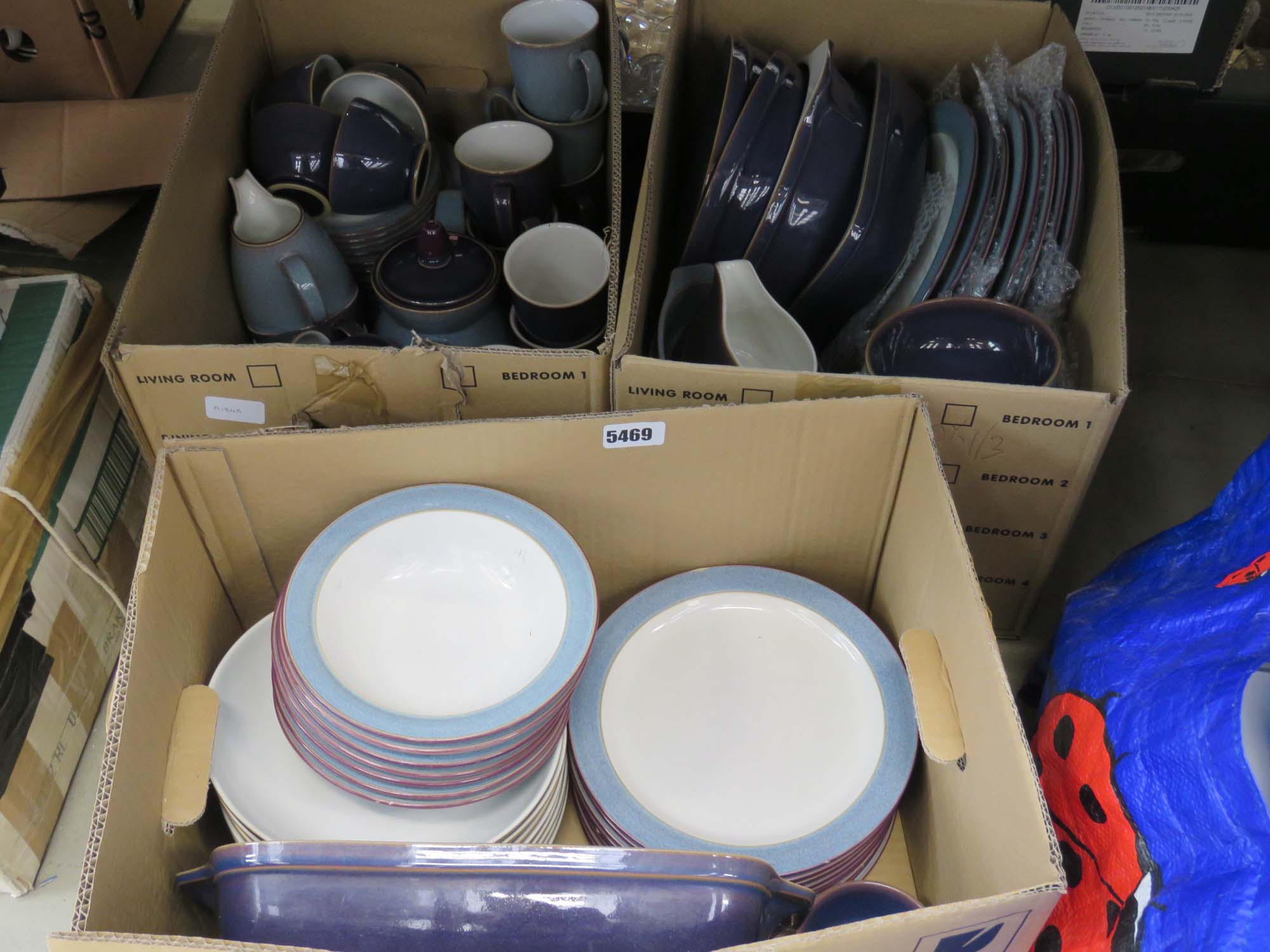 3 boxes containing Denby crockery