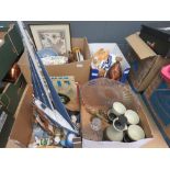 4 boxes containing cow creamer, ornamental animal figures, Jasper ware, pond yacht on stand,