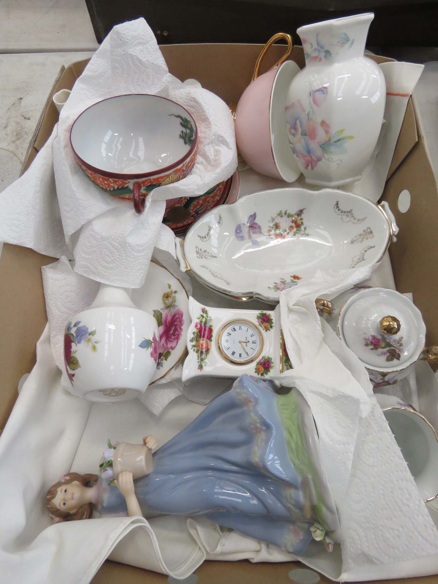 Box containing Aynsley, Royal Grafton, Regal and other crockery plus export Chinese ceramics
