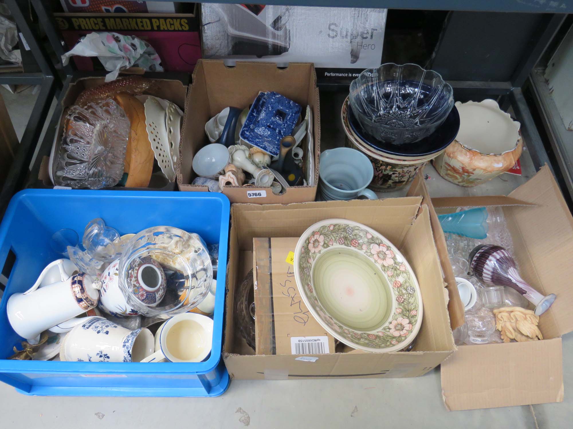 5 boxes containing china incl. candlesticks, butter dish, teapot, ginger jar, jugs and quantity of