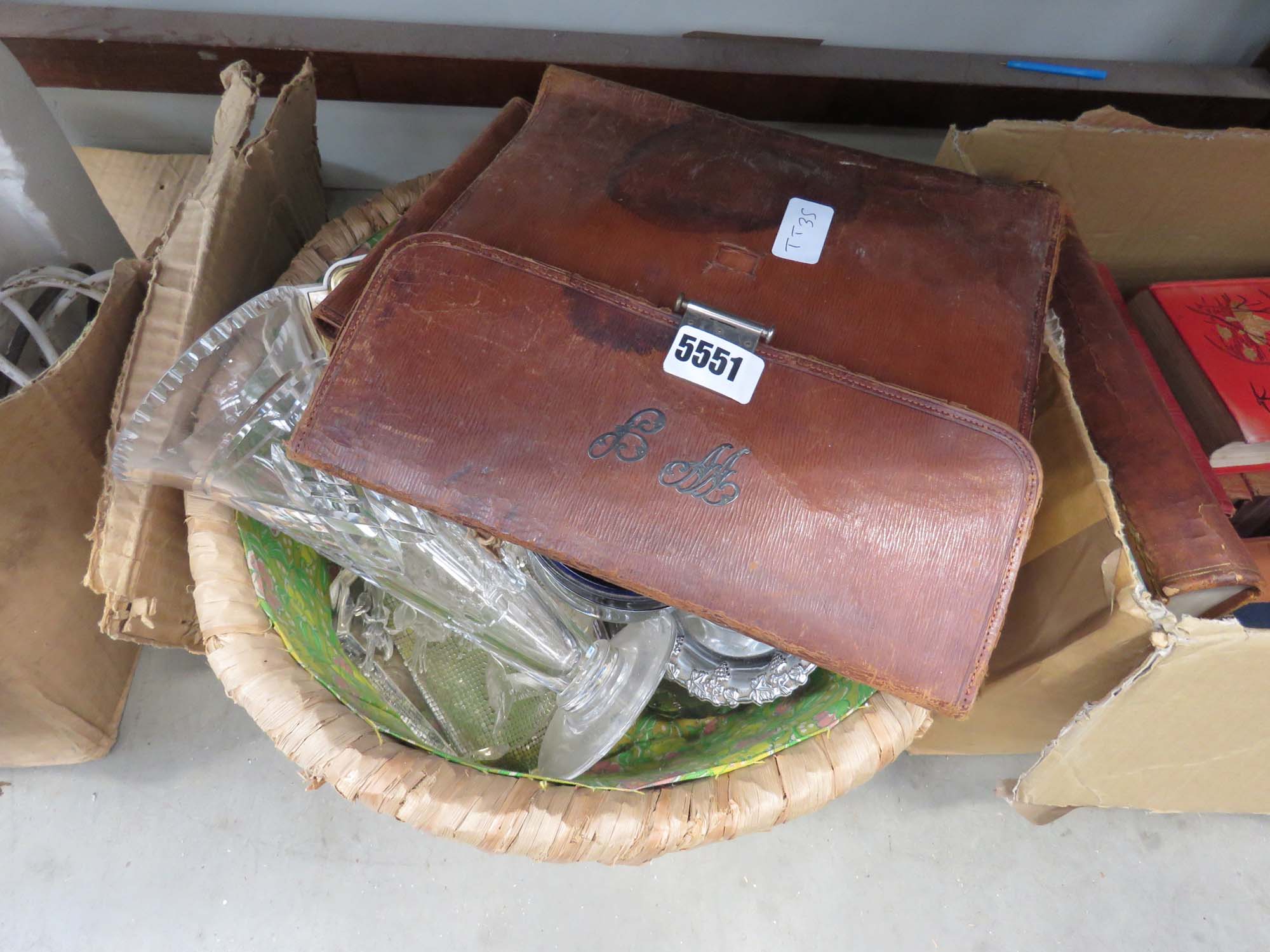 Wicker basket with gentlemans vanity set, Mary Gregory type glass, vases, silver plate, prints and