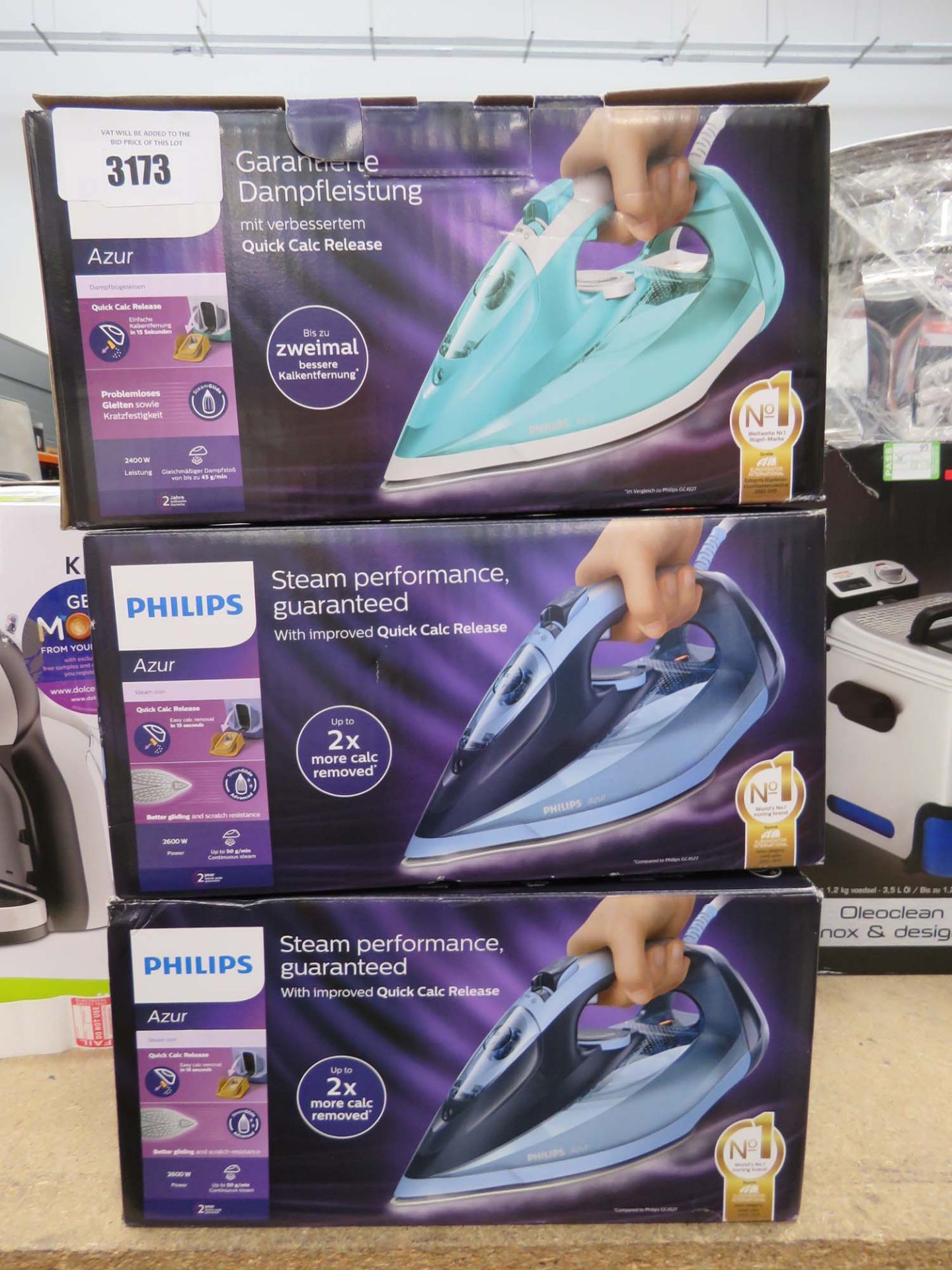 3 boxed Philips steam irons