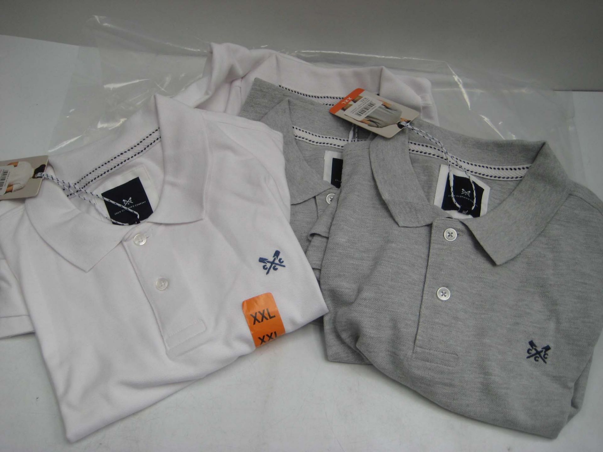 4 Crew Clothing polo shirts in light grey and white, various sizes mainly XXL