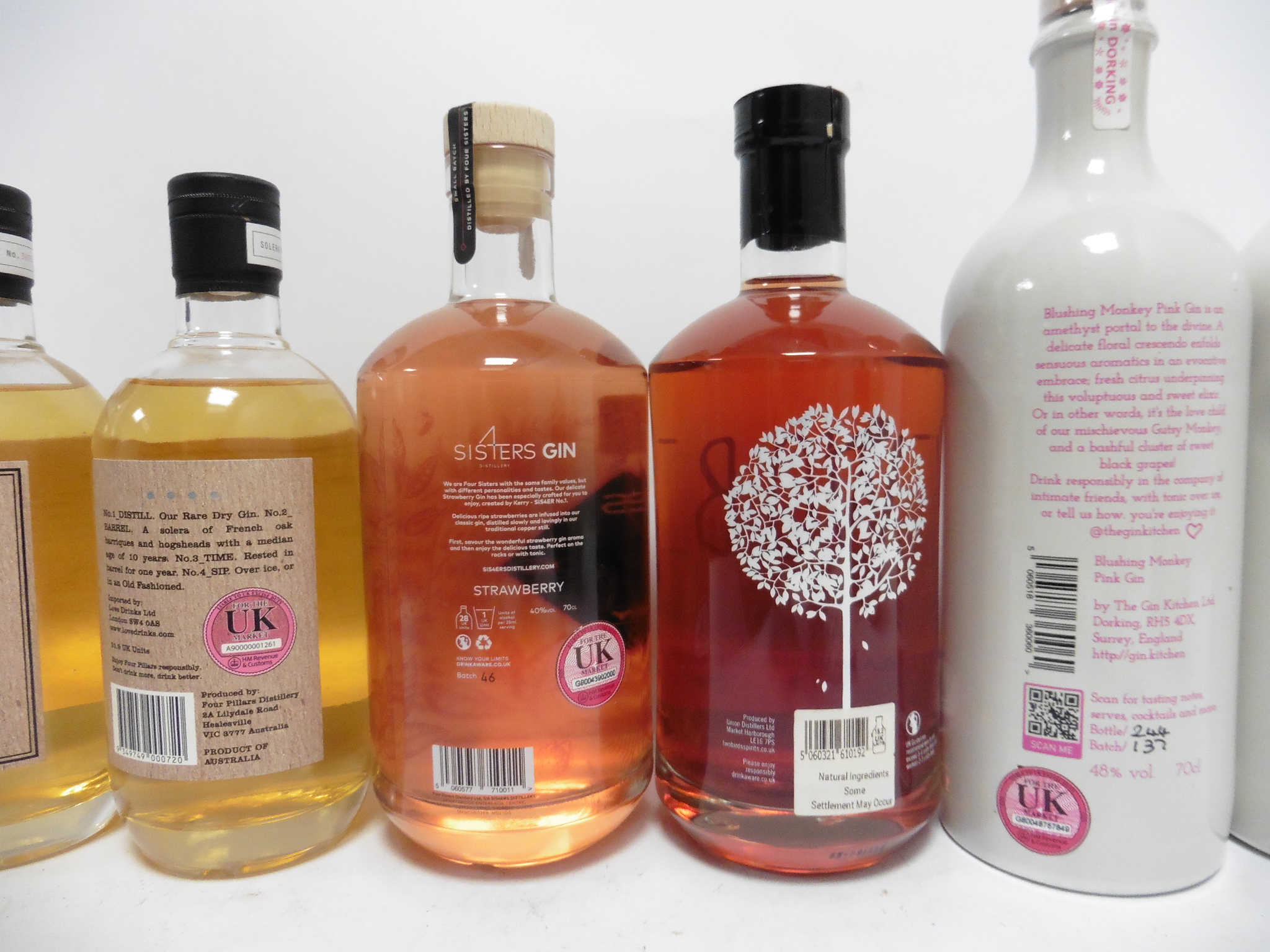 6 bottles, 2x Blushing Monkey Pink Gin 70cl 48%, 2x Four Pillars Chardonnay Barrel Gin 50cl 43. - Image 2 of 2