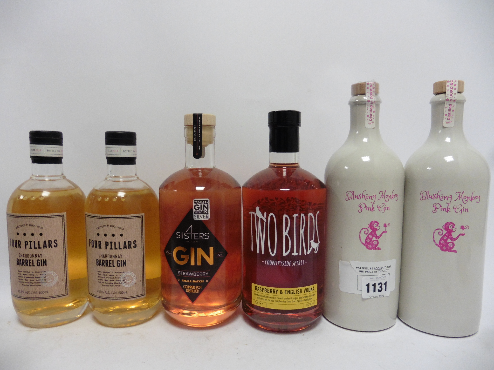 6 bottles, 2x Blushing Monkey Pink Gin 70cl 48%, 2x Four Pillars Chardonnay Barrel Gin 50cl 43.