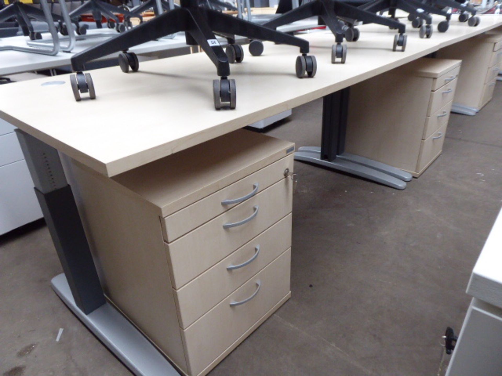 3 160cm maple effect workstations on cantilever legs each with a 4-drawer pedestal - Image 2 of 2