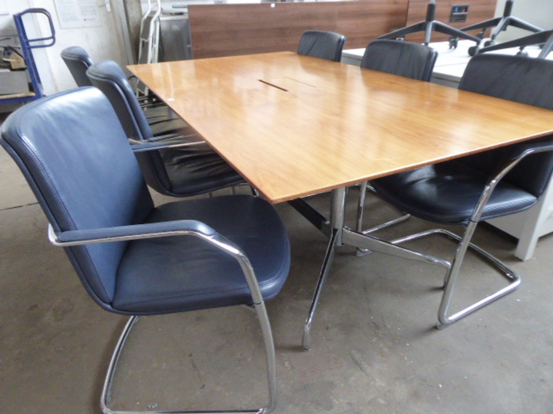 200cm x 110cm walnut effect meeting table on Charles Eames style chrome legs with set of 6 blue - Image 2 of 2