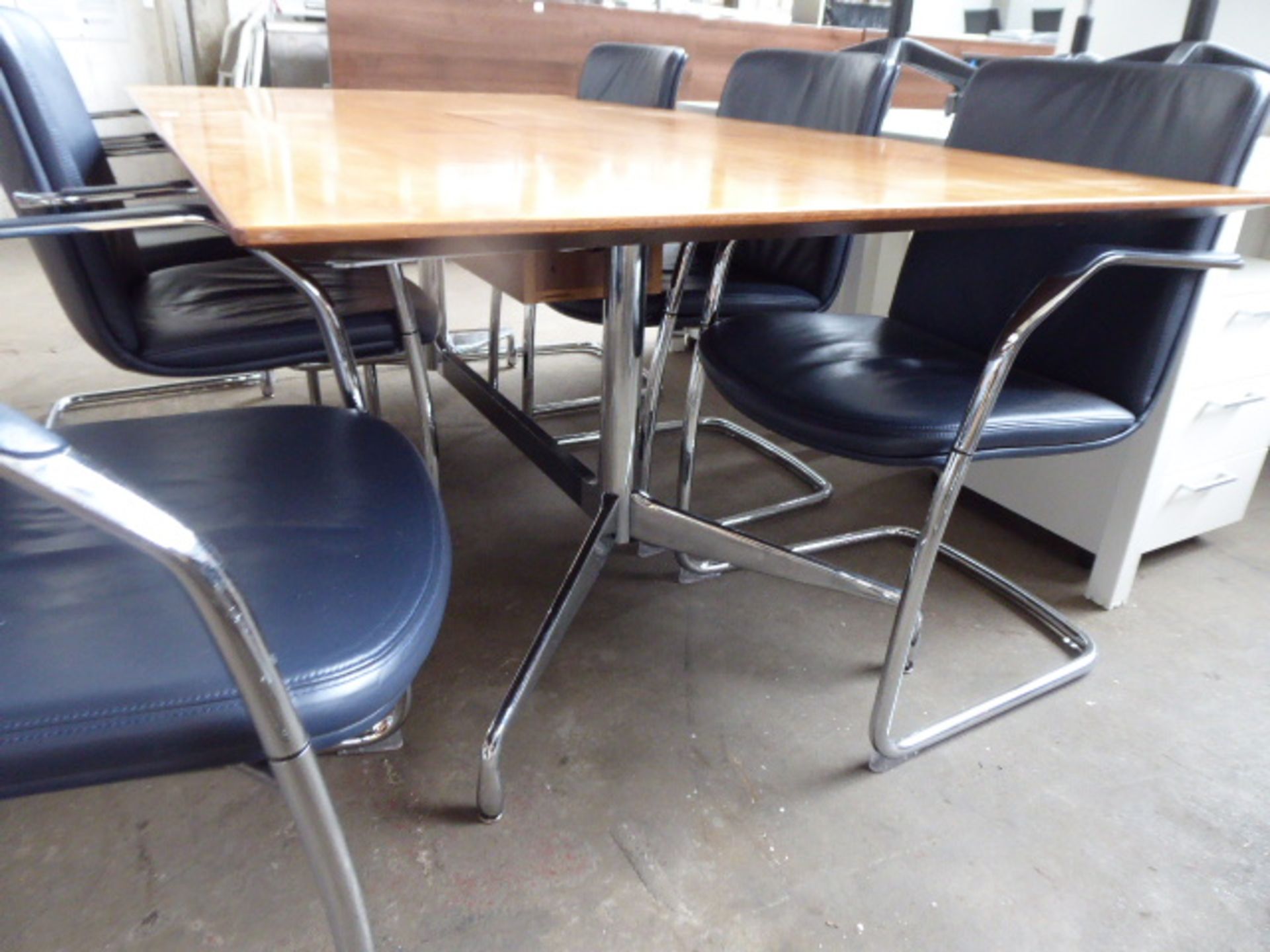 200cm x 110cm walnut effect meeting table on Charles Eames style chrome legs with set of 6 blue - Image 2 of 3