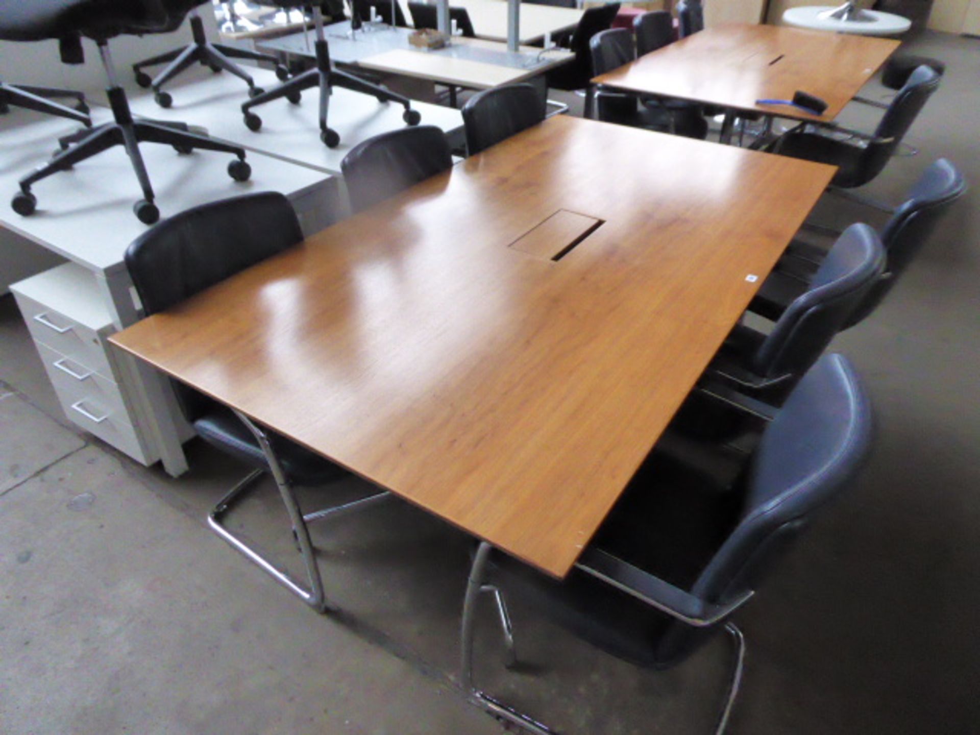 200cm x 110cm walnut effect meeting table on Charles Eames style chrome legs with set of 6 blue