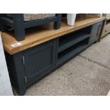 (15) Dark blue long entertainment stand with oak surface