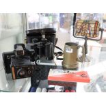 Tipping style tea light holder, tankard, pinking shears, cased binoculars and Poloroid Super