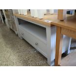 (30) Light grey rectangular top TV stand with oak surface