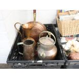 Crate of metalwares incl. bed warming pan, copper urn, etc.