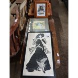 3 pictures incl. ink study of lady, watercolour of old pump and pine framed print