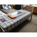 Beech and metal framed single bed with mattress