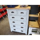 (9) Modern oak finish top and light green finish chest of 6 drawers