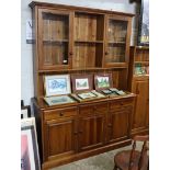 Modern pine dresser unit with glazed cupboards over