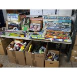 Table top and under bay of mixed toys and games incl. Airfix air traffic control, Scalextric 400,