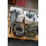 Pallet containing 2 ceramic butler style sinks, concrete figure of man, concrete pigs and 1 concrete