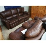 Brown leather 3 seater sofa and pair of matching chairs with electrical adjustment