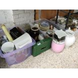 4 crates of mixed ceramics and metalwares with 2 large single handled jugs