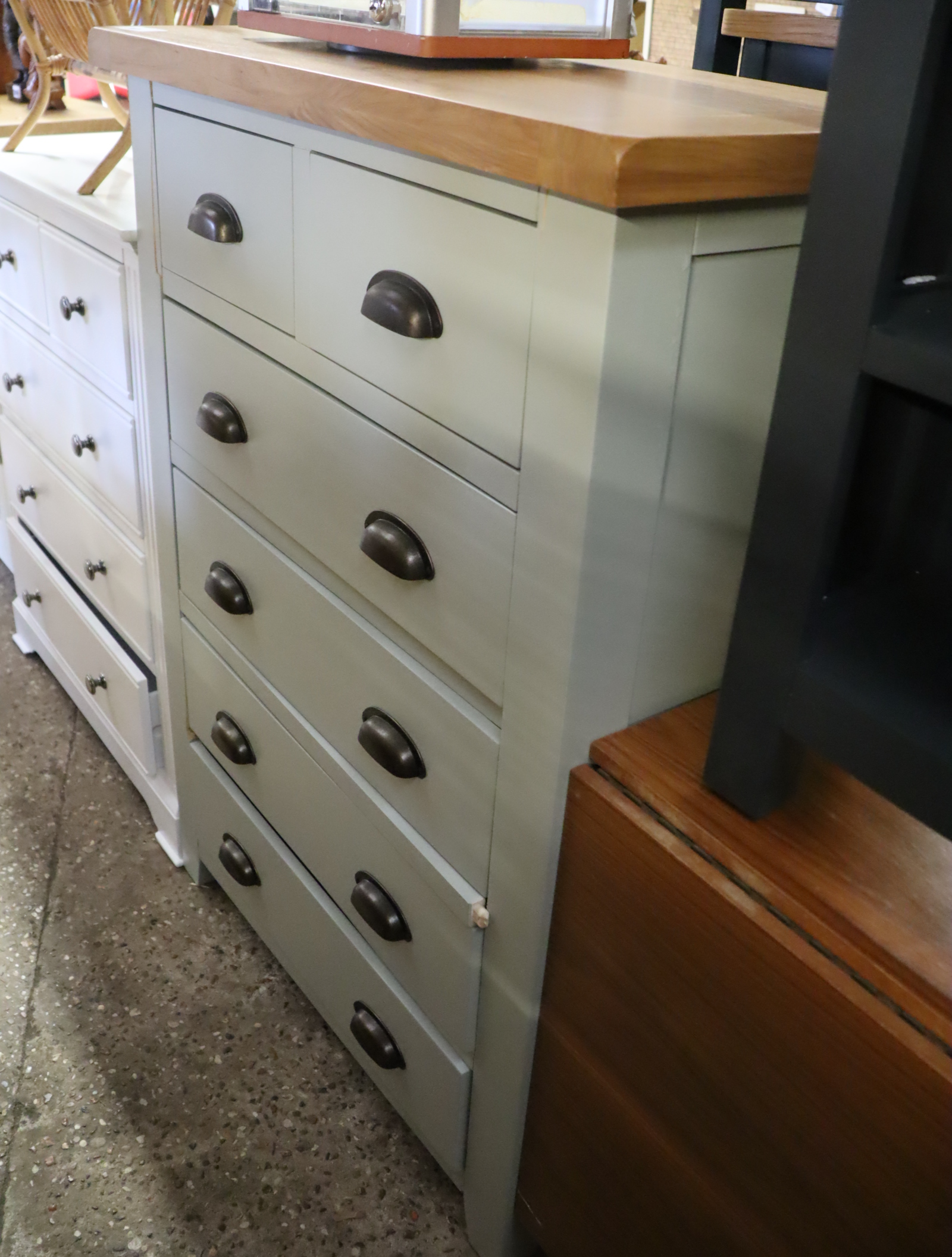 (27) Light oak and light green finish chest of 6 drawers