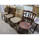 3 elm seat slat back Windsor chairs and 1 other similar chair
