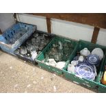 4 trays of various glassware and blue and white dinner ware