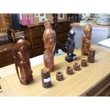 Oriental wooden carvings, Banksia nut salt and pepper and 4 napkin rings