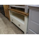 (46) Oak top beige single drawer corner entertainment stand