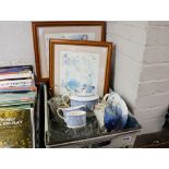 2 framed prints with biscuit barrel, glassware and china