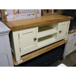 (9) Light oak and cream finish low side table with 2 cupboards