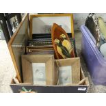 Crate of various pictures, prints and wall art incl. puffin plaque