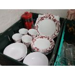 Part Red Damask dinner set and cafatiere and various crockery