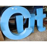3 large blue metal signage letters (Capital 'C', lower case 'U' and lower case 'T')