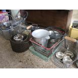 Under bay of wirework baskets and contents of various metalwares incl. ice buckets, etc.