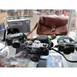 Vintage integrated circuitry Star Finder radio, Oroton leather satchel and 3 vintage cameras incl.