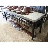 Wooden bench seat on black square profile metal support