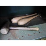 Pair of vintage wooden exercise batons and small wooden mallet, stamped J. T. G.