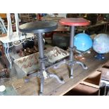 Pair of reproduction cast metal stools with painted wooden circular seats
