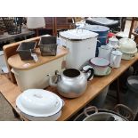 Collection of enamelled and other kitchenware incl. bread bins, loaf tins, chopping board, jugs,