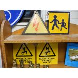 4 small yellow metal signs incl. triangular danger signs, French children crossing sign and 2 '