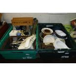 2 crates containing ceramic pots, old weights, telephone, staple guns, etc.