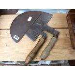 2 ash handled metal cutters, 1 by C. T. Skelton & Co. Sheffield, the other by W. Gilman(?), Wedges