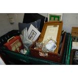 2 crates of misc. items incl. homemade cushion, exit sign, wooden fox head, etc.