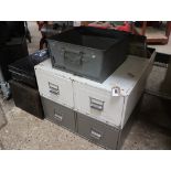 Vintage metal 4 drawer filing unit, twin handled metal storage tin and 2 further metal storage boxes