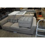 (2152) Brown 3 seater sofa with matching footstool and grey zigzag patterns